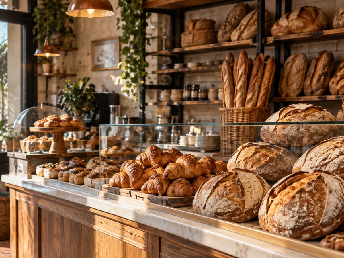 Intérieur chaleureux d’une boulangerie de quartier